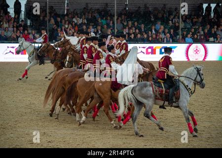 Windsor, Berkshire, Großbritannien. 11. Mai 2023. Trotz des sintflutartigen Regens hat die Vorstellung von Aserbaidschan, Land of Fire bei der Royal Windsor Horse Show die Massen begeistert. Kredit: Maureen McLean/Alamy Live News Stockfoto