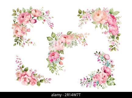 Aquarell Rosa Blumen Rahmen gesetzt. Vektor-Vintage-Style. Isoliert und bearbeitbar. Stock Vektor