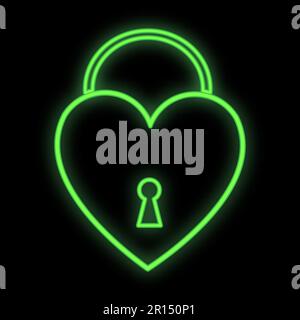 Leuchtendes grünes festliches digitales Neonschild für ein Geschäft oder eine Karte wunderschön glänzend mit Liebesherzen in Form eines Türschlosses auf schwarzem Hintergrund. Stock Vektor
