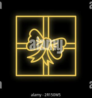 Leuchtend gelbes weihnachtliches digitales Neonschild für ein Geschäft oder eine Karte wunderschön glänzend mit einer Liebesgeschenkbox auf schwarzem Hintergrund. Vektordarstellung. Stock Vektor