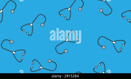 Nahtlose Mustertextur endloser sich wiederholender medizinischer Instrumente mit Stethoskopen aus Phonendoskopen zum Hören von Lunge und Herz auf Blau Stock Vektor
