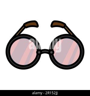 Das flache Symbol aus schwarzlilafarbenem, pinkfarbenem Glas ist eine schlichte, lineare, glamouröse Sonnenbrille mit runden Gläsern, ein Accessoire für Kleidung. Vektorbeleuchtung Stock Vektor