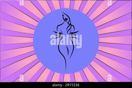 Lineares rundes Symbol einer weiblichen Figur mit Taille und Gewichtsverlust auf dem Hintergrund abstrakter violetter Strahlen. Vektordarstellung. Stock Vektor
