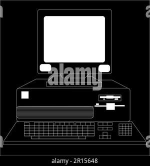 Schwarz-Weiß-Retro, alter Computer aus den 80s Jahren, gezeichnet durch einen Strich auf schwarzem Hintergrund.Vektordarstellung. Stock Vektor