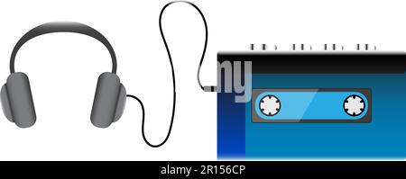 Blauer, alter Retro-Hipster-Hipster realistischer, voluminöser tragbarer Audio-Player für die Wiedergabe von Audiokassetten aus den 80er, 90er und b Jahren Stock Vektor