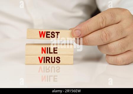 Medizinisches Konzept. In den Händen einer Person und auf einer reflektierenden Oberfläche sind Holzblöcke mit der Inschrift - West Nile Virus Stockfoto