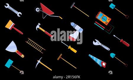 Ein großer Satz von Symbolen für Bau, Sanitär, Garten, Reparatur, Werkzeuge: Schaufel, Schraubenschlüssel Multimeter, Säge, Hammer, Bürste, Mopp, Rechen, Trolley, Spachtel, Stock Vektor