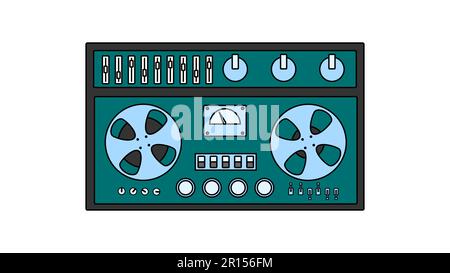 Alter Retro-Musikkassettenrekorder mit Magnetband auf Rollen und Lautsprechern aus den 70s, 80s und 90s Jahren. Eine wunderschöne Ikone. Vektordarstellung. Stock Vektor