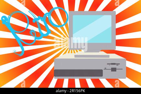 Alt, Vintage, Retro, Hipster, antik, Disco, grau, hell, schöner Computer mit Floppy auf einem Hintergrund mit grünen orangefarbenen Strahlen mit der Aufschrift o Stock Vektor
