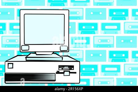 Alter Retro-alter antiker Hipster veralteter stationärer PC mit einer Systemeinheit und einem Flop von unten auf einem Hintergrund mit blauer Musik C Stock Vektor