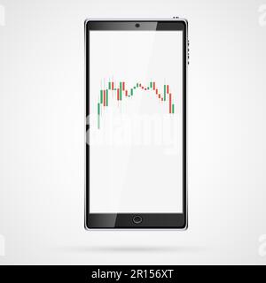 Schwarzes, realistisches, großes, vertikales Smart-Touch-Mobiltelefon, Smartphone mit japanischen Kerzen, Intervalldiagramm der Änderungen der Aktiennotierungen, Preise für Rohmasse Stock Vektor
