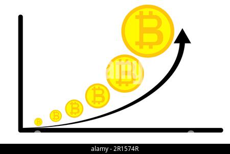 Goldene Bitcoin und wachsendes Diagramm auf weißem Hintergrund. EPS 10-Vektordatei. Stock Vektor