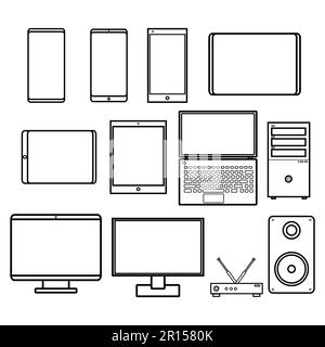 Vektorbildsatz mit schwarzweißem Flachsymbol einfacher, moderner digitaler Smartphones Computer überwacht Modems auf weißem Hintergrund. Konzept: Co Stock Vektor