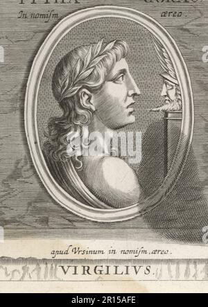 Publius Vergilius Maro, 70-19 v. Chr., bekannt als Virgil oder Vergil, antiker römischer Dichter der Augustan-Zeit. Autor der Aeneid, Bucolics und Georgics. Virgilius. Copperplate-Gravur nach einer Illustration von Joachim von Sandrart von seiner L’Academia Todesca, della Architectura, Scultura & Pittura, oder Teutsche Academie, der Edlen Bau- Bild- und Mahlerey-Kunste, Deutsche Akademie für Architektur, Skulptur und Gemälde, Jacob von Sandrart, Nürnberg, 1675. Stockfoto