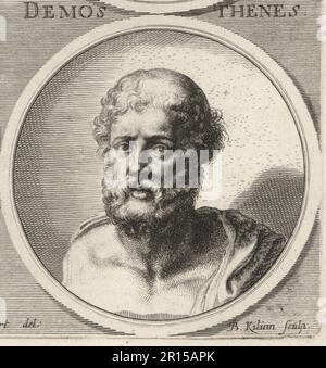 Demosthenes, griechischer Staatsmann und Redner im antiken Athen, 384-322 v. Chr. Demosthenes. Copperplate-Gravur von Bartholomaus Kilian nach einer Illustration von Joachim von Sandrart von seiner L'Academia Todesca, della Architectura, Scultura & Pittura, oder Teutsche Academie, der Edlen Bau- Bild- und Mahlerey-Kunste, Deutsche Akademie für Architektur, Skulptur und Gemälde, Jacob von Sandrart, 1675. Stockfoto