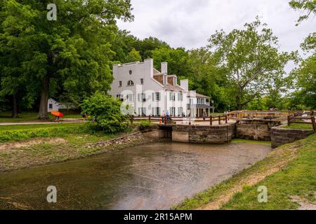 Blick auf das Besucherzentrum im Chesapeake and Ohio Canal National Historical Park im Bundesstaat Maryland, Vereinigte Staaten von Amerika. Stockfoto