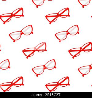 Nahtloses Muster eleganter stilisierter Brillen mit transparenten Gläsern im roten Rahmen. Lehrertag. Isolieren. Design für Tapeten, Umschläge oder Verpackungen, Hintergrund, Struktur, Preisschild oder Etikett. Vektor. EPS Stock Vektor