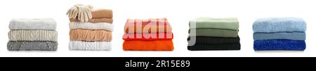 Set warmer Strickpullover auf weißem Hintergrund Stockfoto