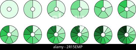 Segmentsammlung für Ringdiagramme. Raddiagramme in grünen Farbschattierungen. Umrissabschnitte und Slices Pack. Von 1 bis 12 Segmenten von Infografiken. Verschiedene Phasen und Phasen des Zyklus. Vektor Stock Vektor