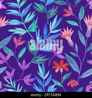 Nahtloses Blumenmuster. Textildruck mit wasserfarbenen, abstrakten Pflanzenelementen, Blumen und Blättern. Handgezeichnete Illustration. Stockfoto