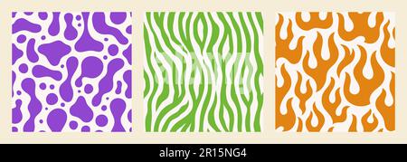 Groovy nahtlose Muster mit Lavalampe, Zebra und Flamme. Abstrakter Vektorhintergrund im 1970er Hippie Retro-Stil für den Druck auf Textilien Stock Vektor