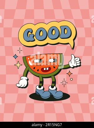 Retro-Watermelon-Cartoon-Figuren-Poster. Vector Funny Comic Illustration im trendigen Groovy Style für T-Shirt-Druck, Wandschmuck, Case Phone Stock Vektor