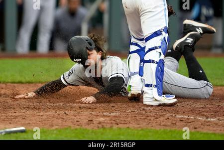 Kansas City, USA, 11. MAI 2023: Minnesota Twins, der den Pitcher Joe Ryan (41) startet, ist im Kauffman Stadium in Kansas City, Missouri, sicher. Jon Robichaud/CSM. Stockfoto