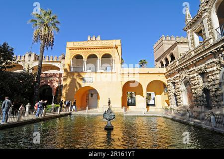 Mercurio Pond, Jardines del Alcazar, Garten, Park, Alcazar, Königspalast, Sevilla, Provinz Sevilla, Andalusien, Spanien Stockfoto