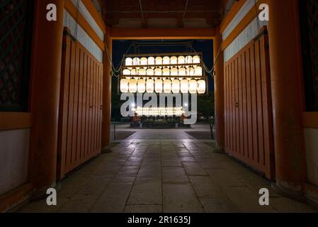 Blick auf Maidono, beleuchtet mit hellen Laternen vom Südtor des Yasaka-Schreins Stockfoto