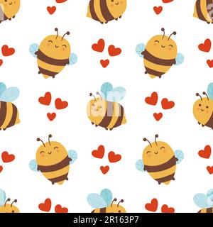 Lustige Bienen und Herzen, nahtloses Muster. Vektornaive Figuren im skandinavischen handgezeichneten Cartoon-Stil. Stock Vektor