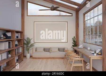 Innendesign eines minimalistischen skandinavischen Cafés oder Arbeitsbereichs mit komfortablem Sofa, Holzregal, Tisch am Fenster, Deckenventilator und Stockfoto