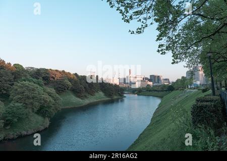 TOKIO, JAPAN - 9. APRIL 2023: Chidorigafuchi-Park am Abend im Chiyoda-Viertel Stockfoto