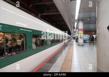 TOKIO, JAPAN - 10. APRIL 2023: shinkansen der E5-Serie auf einem Yamabiko-Service nach Sendai am Bahnhof Ueno. Stockfoto