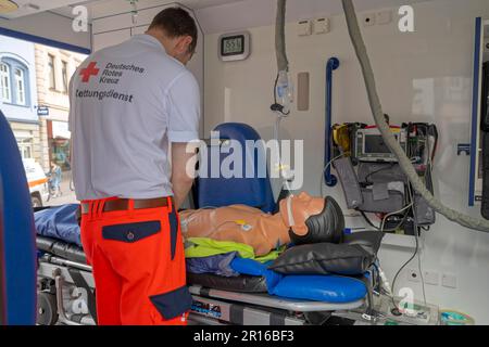 DRK-Personal im Krankenwagen mit Dummy als Demonstration Stockfoto