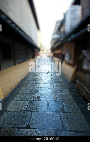 Kopfsteingepflasterte Gassen und Straßen von Kyoto Gion Shirakawa Stockfoto