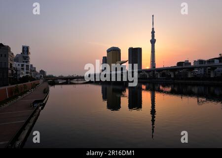 Tokyo Skytree bei Sonnenaufgang von der Komagatabashi Bridge aus gesehen Stockfoto