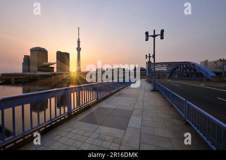 Tokyo Skytree bei Sonnenaufgang von der Komagatabashi Bridge aus gesehen Stockfoto