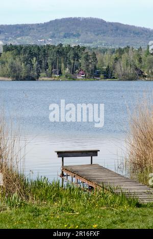 Ein einfacher hölzerner Pier am Ufer eines Sees oder Teiches in Holany, Tschechische Republik. Gras und Wald und Ferienhäuser. Ruhige Urlaubsatmosphäre. Stockfoto