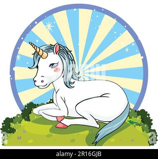 Ein Einhorn, das auf dem Boden sitzt Stock Vektor