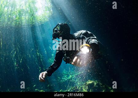 Ein Taucher in einem Taucheranzug und einem Sauerstofftank, der unter Wasser schwimmt Stockfoto