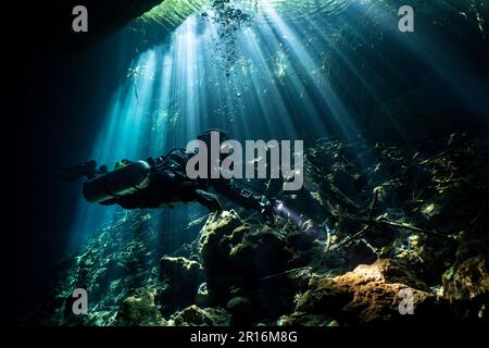 Ein Taucher in einem Taucheranzug und einem Sauerstofftank, der unter Wasser schwimmt Stockfoto