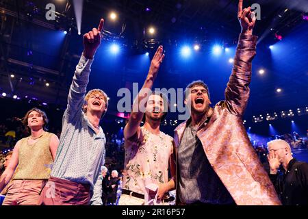 11. Mai 2023, Liverpool, Vereinigtes Königreich: A enthusiastic 'Jokers out' feiert mit ihrem Lied Carpe Deim, einen Platz im Eurovision Song Contest 2023 Final zu gewinnen. (Kreditbild: © Andy von Pip/ZUMA Press Wire) NUR REDAKTIONELLE VERWENDUNG! Nicht für den kommerziellen GEBRAUCH! Stockfoto