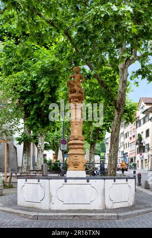 Zürich, Schweiz - Juni 13 2018: Der Froschauerbrunnen (Englisch: Froschauerbrunnen), benannt nach dem Drucker Christoph Froschauer. Stockfoto