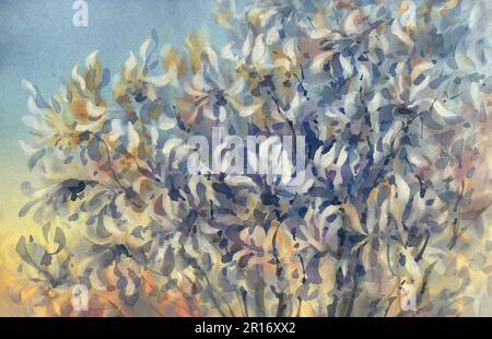 Magnolienäste blühen in abendlichem hellen Aquarellhintergrund. Darstellung der Feder Stockfoto