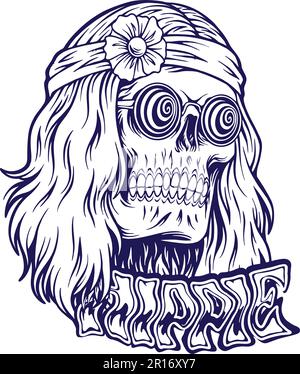 Coole Hippie Totenkopf Blume Stirnbänder Logo Illustrationen Silhouette Vektorabbildungen für deine Arbeit Logo, Merchandise-T-Shirt, Aufkleber und Etikett Stock Vektor