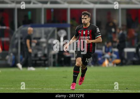 Mailand, Italien. 10. Mai 2023. Italien, Mailand, Mai 10 2023: Brahim Diaz (AC Mailand Mittelfeldspieler) presst in der zweiten Hälfte während des Fußballspiels AC MAILAND gegen FC INTER, SF 1. Leg UCL 2022-2023 San Siro Stadion (Kreditbild: © Fabrizio Andrea Bertani/Pacific Press via ZUMA Press Wire) NUR REDAKTIONELLE VERWENDUNG! Nicht für den kommerziellen GEBRAUCH! Stockfoto