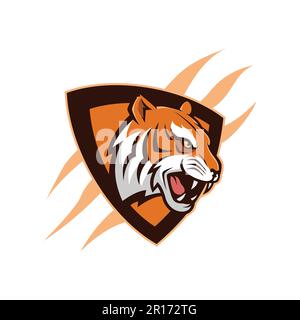 Tiger Head Maskottchen Logo mit Shield – Tiermaskottchen Esports Logo Vector Illustration Designkonzept. Stock Vektor