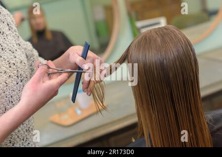 Friseur schneidet Kunden nasses Haar Stockfoto