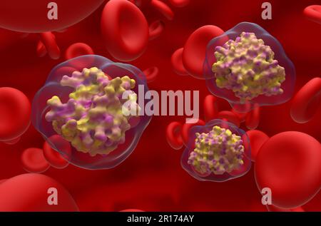 Batroxobin ein Schlangengiftenzym (Hämotoxin) im menschlichen Blutfluss - 3D-Darstellung der Nahaufnahme Stockfoto