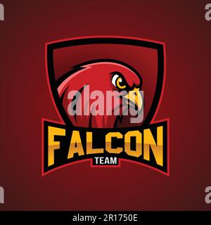 Falcon Team Logo mit Shield und Text Mascot Logo. Tiermaskottchen Esports Logo Vektordarstellung Konzept. Stock Vektor